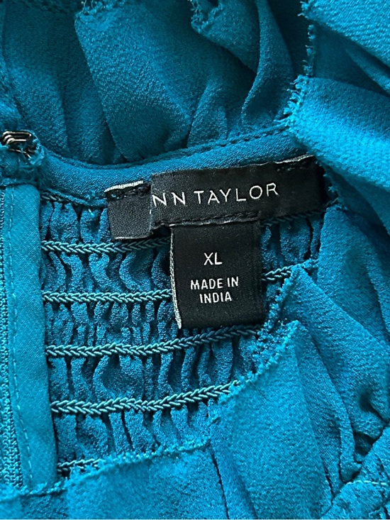 Ann Taylor Teal Smocked Blouse XL Ruffle Neck Long Sleeve Top - Picture 6 of 9